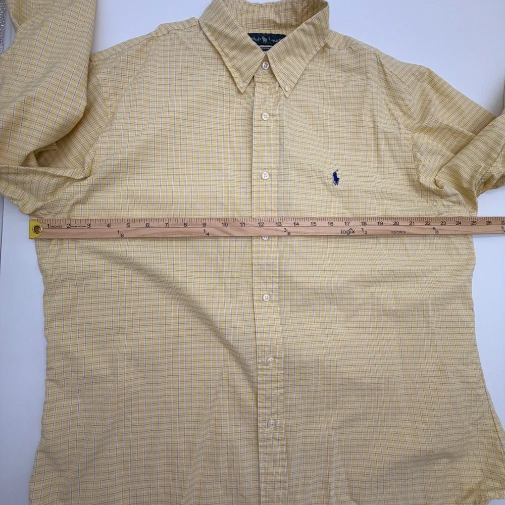 Polo Ralph Lauren Mens Custom Fit Plaid Button Down Shirt Yellow Blue 17.5 34/35